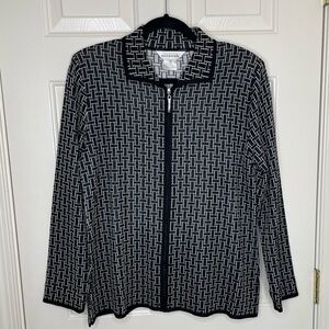 Exclusively Misook Black White Geometric Zip Up Jacket Cardigan Medium